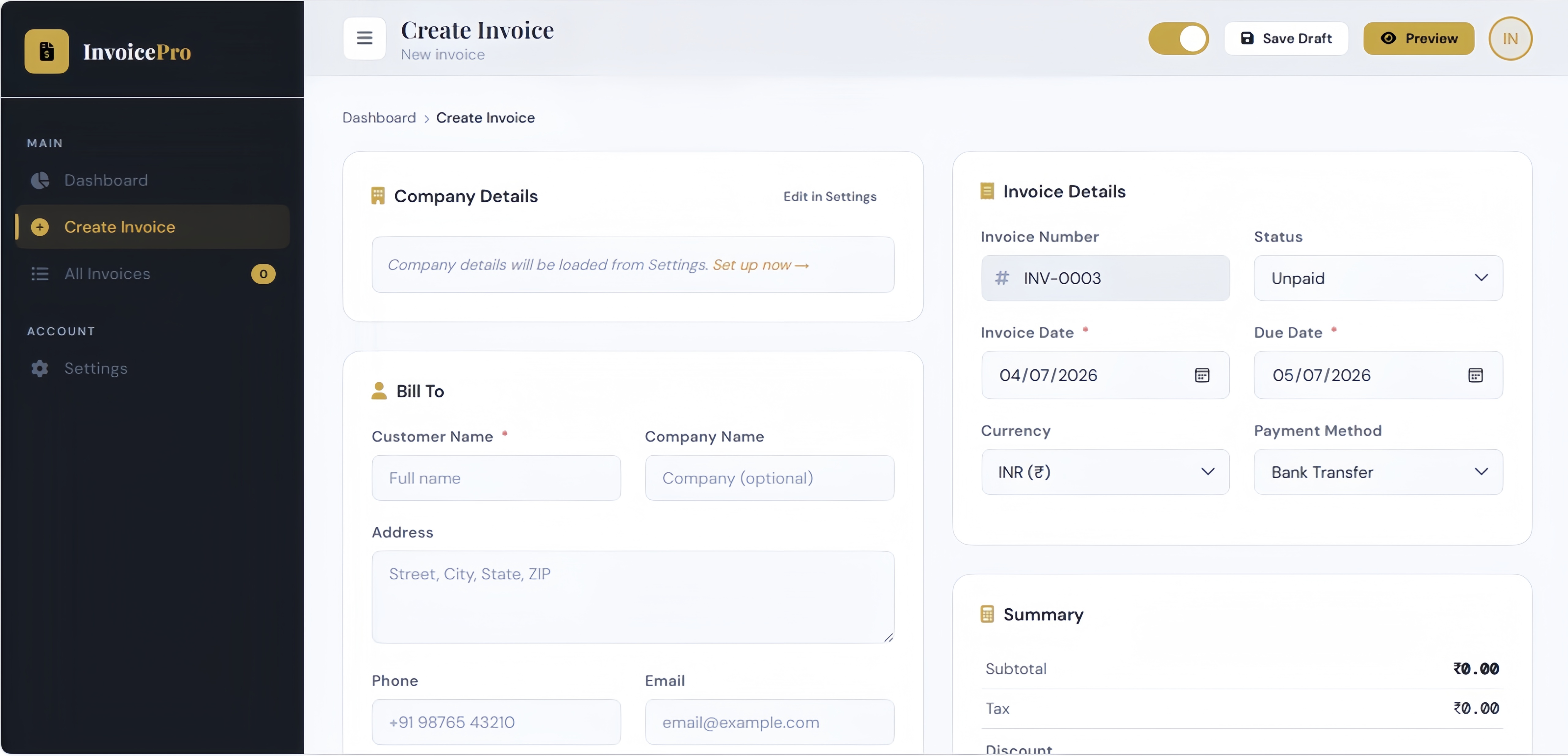 Invoice Generator — Invoice Creation Form