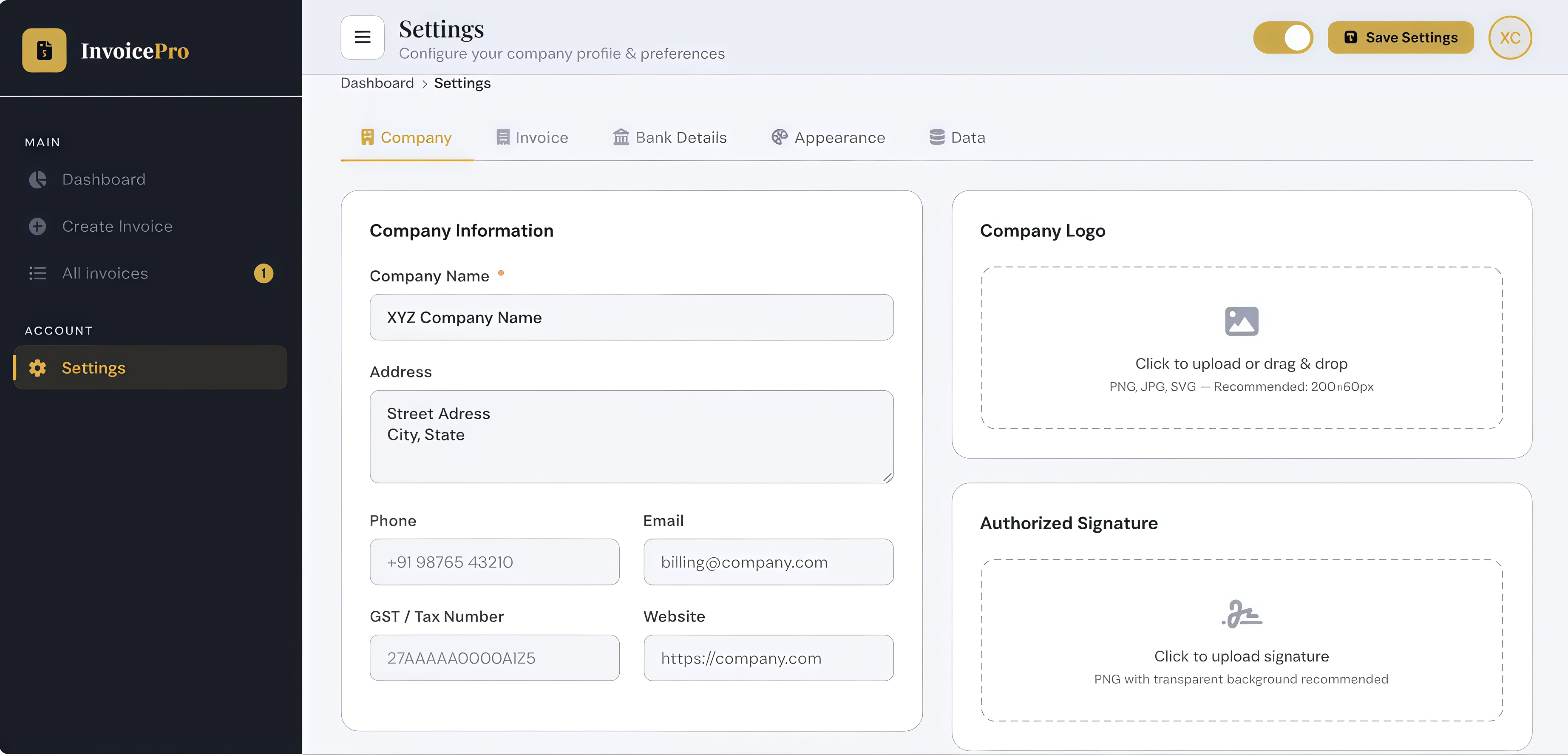 Invoice Generator — Settings Panel