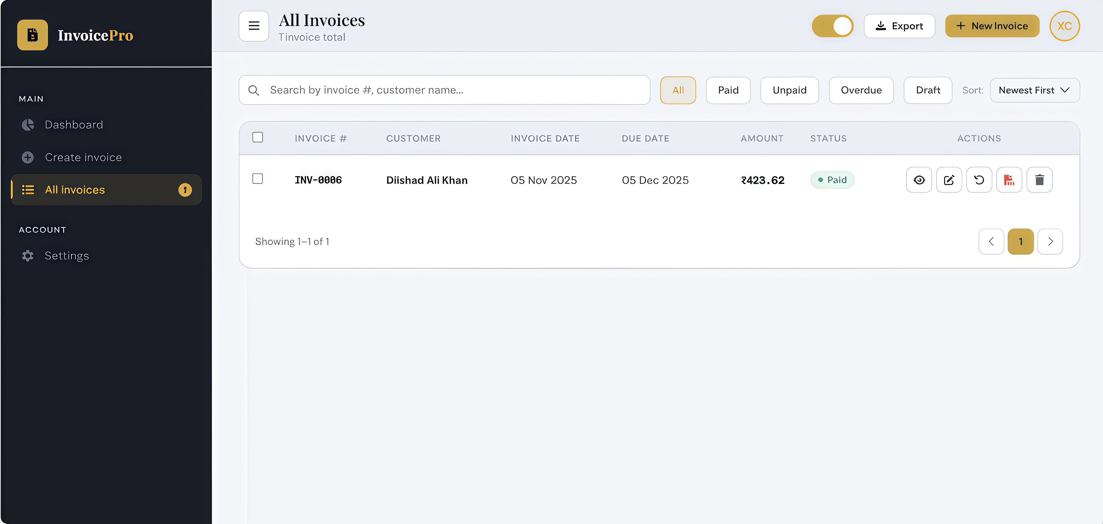 Invoice Generator — All Invoices Page